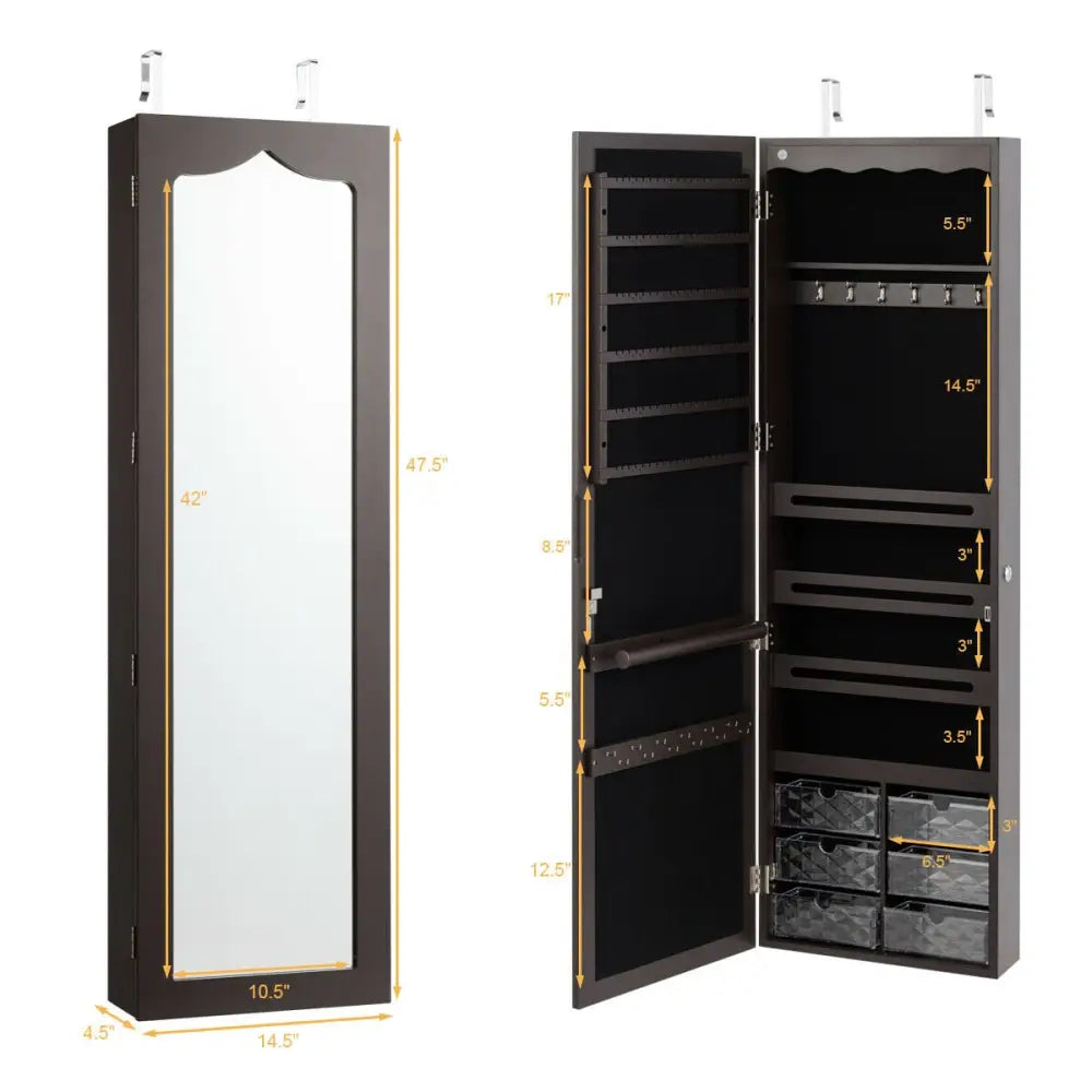 Door Hanging Mirror Jewelry Armoire with Full Length Mirror and 6 Drawers-Coffee - Brown - Jewelry Armoires