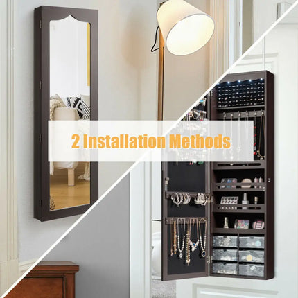 Door Hanging Mirror Jewelry Armoire with Full Length Mirror and 6 Drawers-Coffee Costway