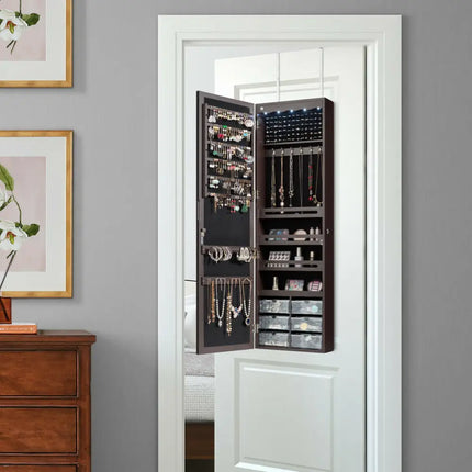 Door Hanging Mirror Jewelry Armoire with Full Length Mirror and 6 Drawers-Coffee Costway