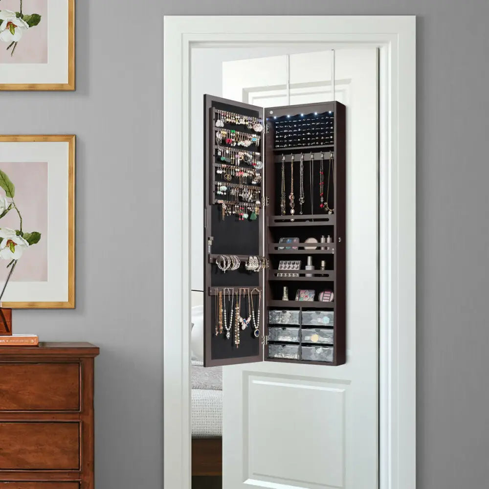 Door Hanging Mirror Jewelry Armoire with Full Length Mirror and 6 Drawers-Coffee Costway