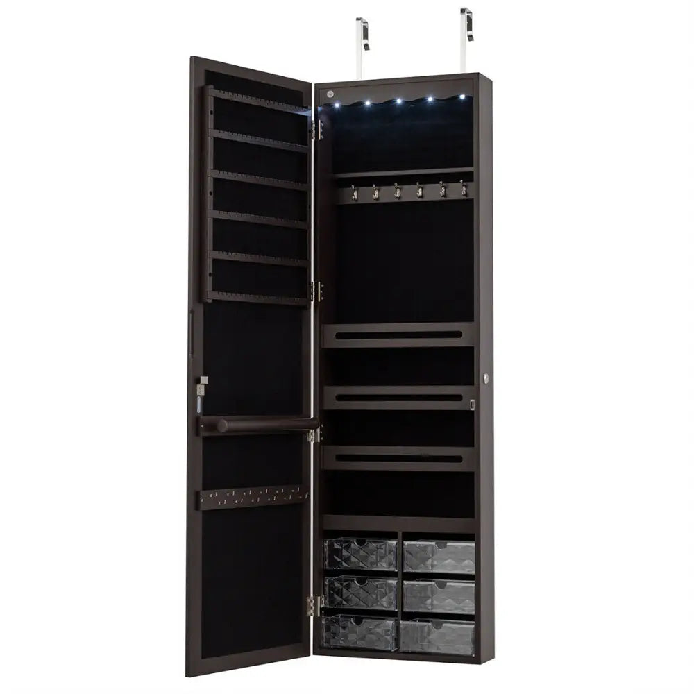 Door Hanging Mirror Jewelry Armoire with Full Length Mirror and 6 Drawers-Coffee Costway