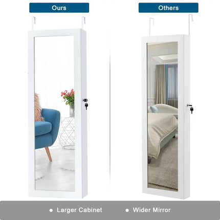 Door Mounted Lockable Mirrored Jewelry Cabinet with LED Lights - White - Jewelry Armoires