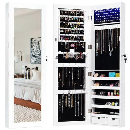 Door Mounted Lockable Mirrored Jewelry Cabinet with LED Lights - White - Jewelry Armoires