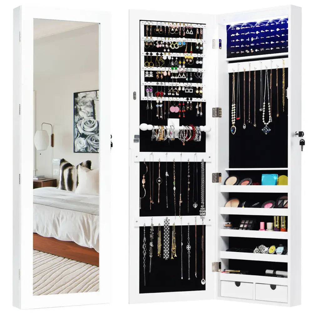 Door Mounted Lockable Mirrored Jewelry Cabinet with LED Lights - White - Jewelry Armoires