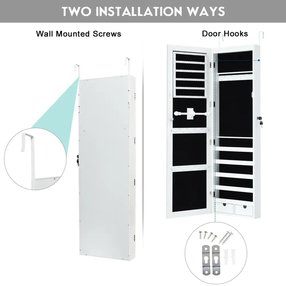 Door Mounted Lockable Mirrored Jewelry Cabinet with LED Lights - White - Jewelry Armoires