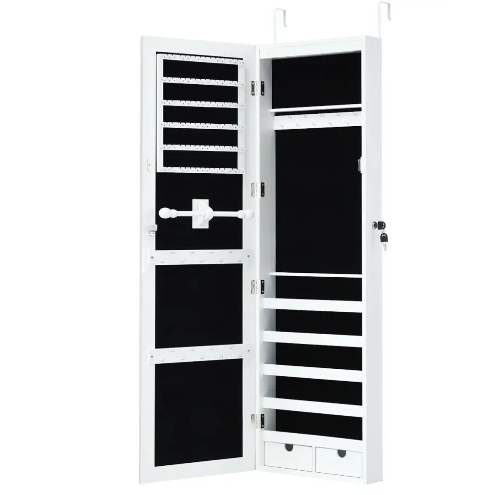 Door Mounted Lockable Mirrored Jewelry Cabinet with LED Lights - White - Jewelry Armoires