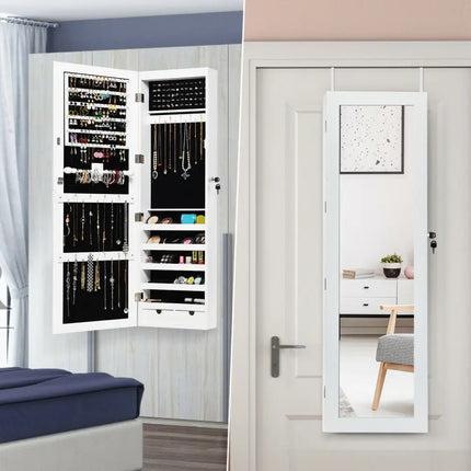 Door Mounted Lockable Mirrored Jewelry Cabinet with LED Lights - White - Jewelry Armoires