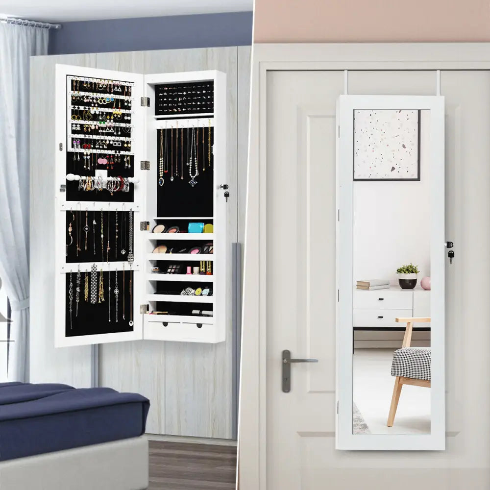 Door Mounted Lockable Mirrored Jewelry Cabinet with LED Lights - White - Jewelry Armoires