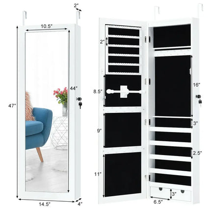 Door Mounted Lockable Mirrored Jewelry Cabinet with LED Lights - White - Jewelry Armoires