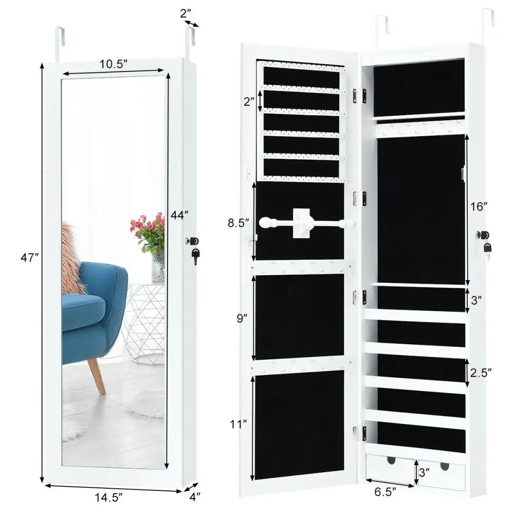 Door Mounted Lockable Mirrored Jewelry Cabinet with LED Lights - White - Jewelry Armoires