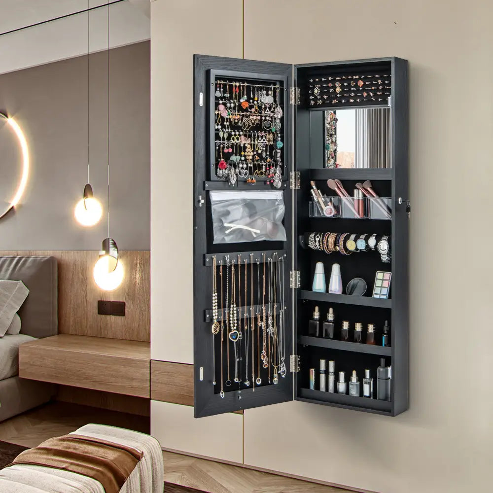 Door Wall Mount Touch Screen Mirrored Jewelry Cabinet-Black - Black - Jewelry Armoires