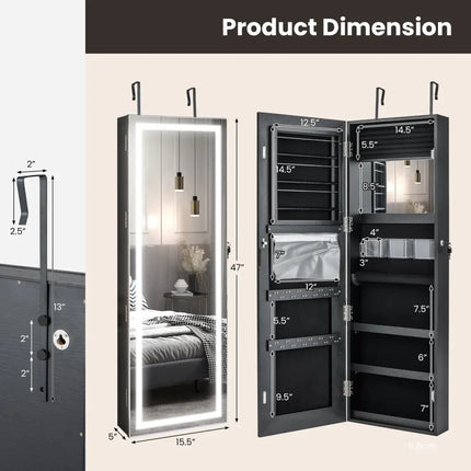 Door Wall Mount Touch Screen Mirrored Jewelry Cabinet-Black - Black - Jewelry Armoires
