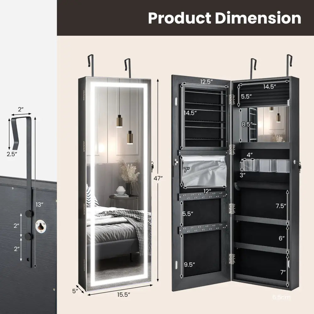 Door Wall Mount Touch Screen Mirrored Jewelry Cabinet-Black - Black - Jewelry Armoires