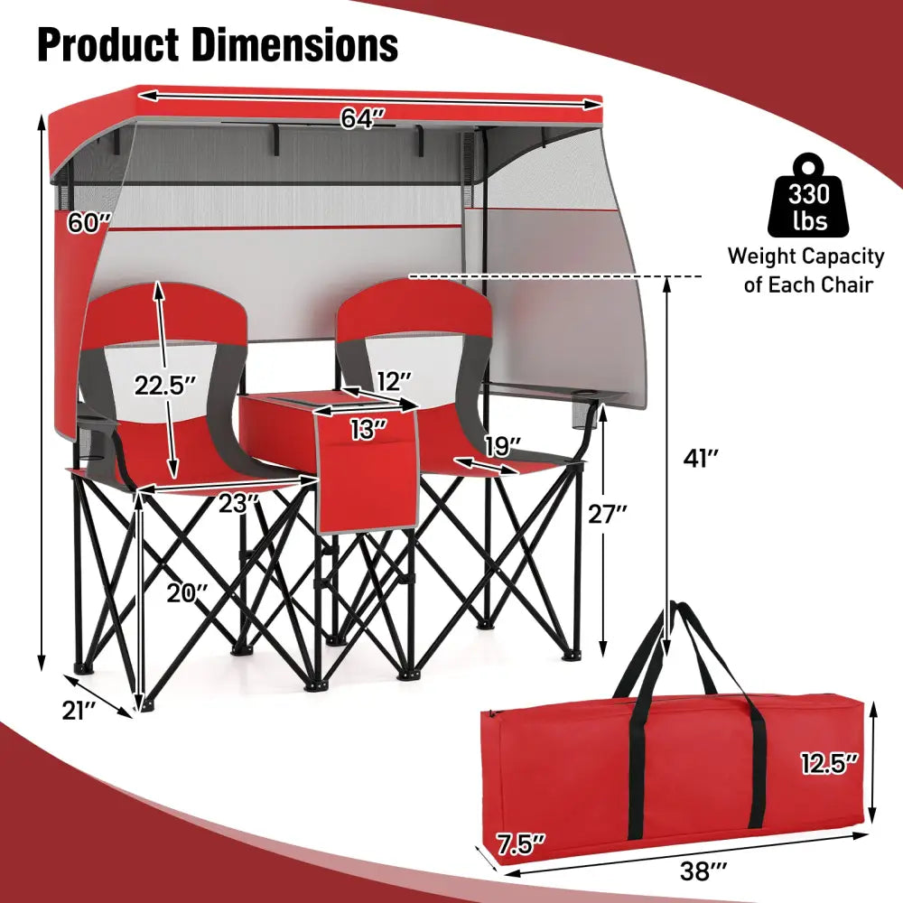 Double Beach Chair with Adjustable Canopy and 3 -Side Shading Curtains-Red - Red - Beach & Lawn Chairs