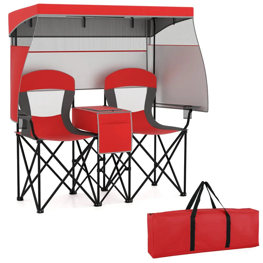 Double Beach Chair with Adjustable Canopy and 3 -Side Shading Curtains-Red - Red - Beach & Lawn Chairs