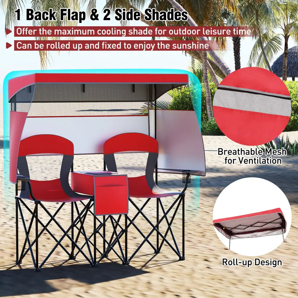 Double Beach Chair with Adjustable Canopy and 3 -Side Shading Curtains-Red - Red - Beach & Lawn Chairs