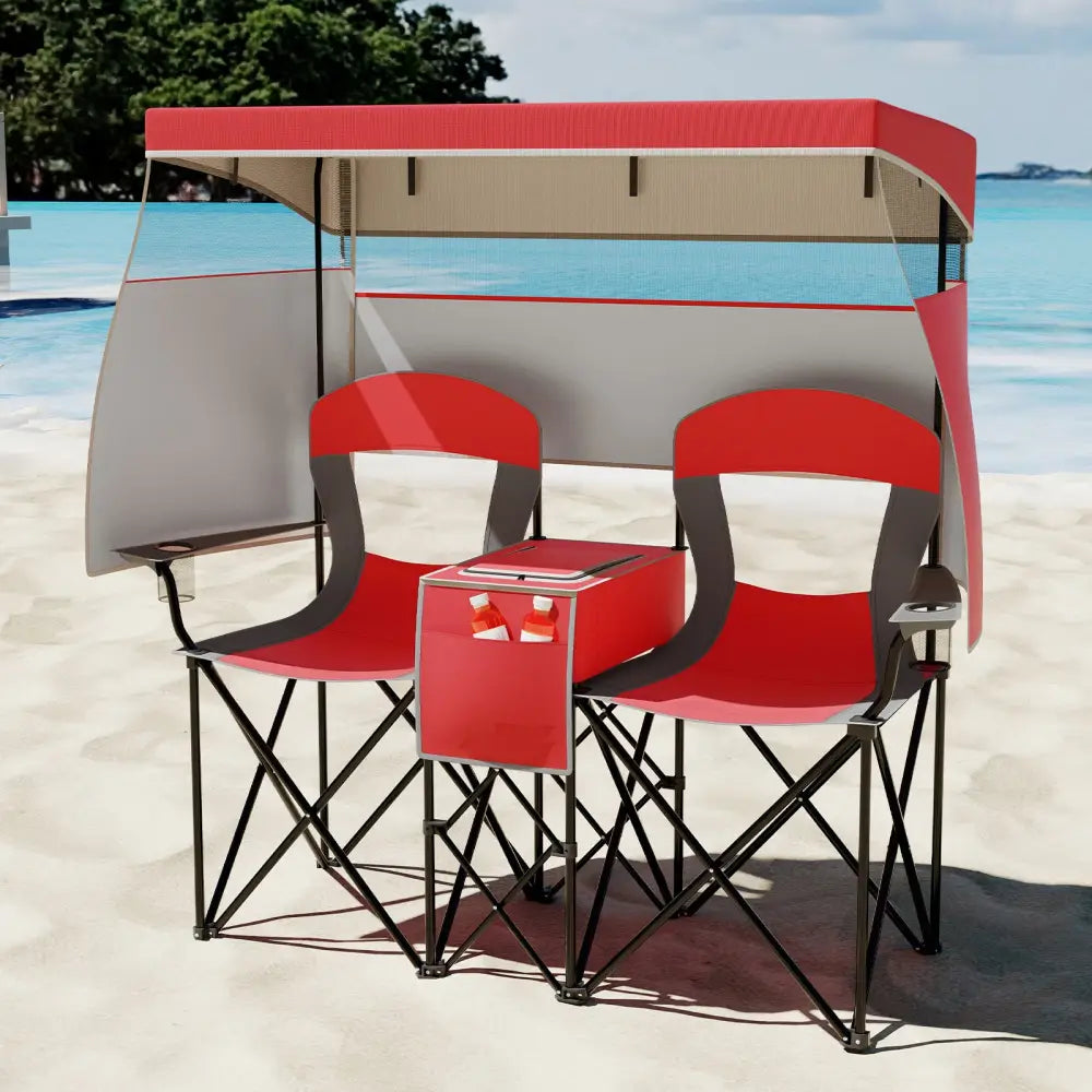 Double Beach Chair with Adjustable Canopy and 3 -Side Shading Curtains-Red - Red - Beach & Lawn Chairs