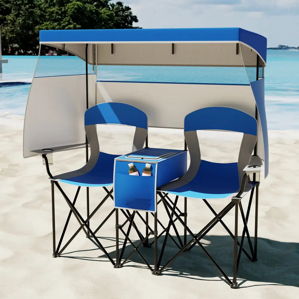Double Beach Chair with Adjustable Canopy and 3 -Side Shading Curtains-Navy - Navy - Beach & Lawn Chairs