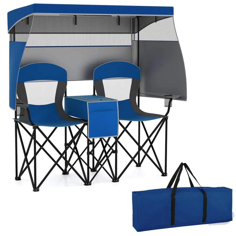 Double Beach Chair with Adjustable Canopy and 3 -Side Shading Curtains-Navy - Navy - Beach & Lawn Chairs