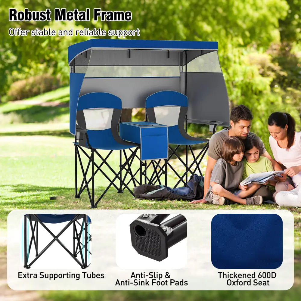 Double Beach Chair with Adjustable Canopy and 3 -Side Shading Curtains-Navy - Navy - Beach & Lawn Chairs