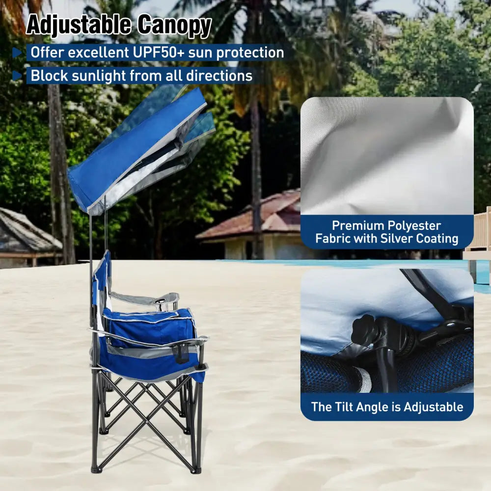 Double Beach Chair with Adjustable Canopy and 3 -Side Shading Curtains-Navy - Navy - Beach & Lawn Chairs