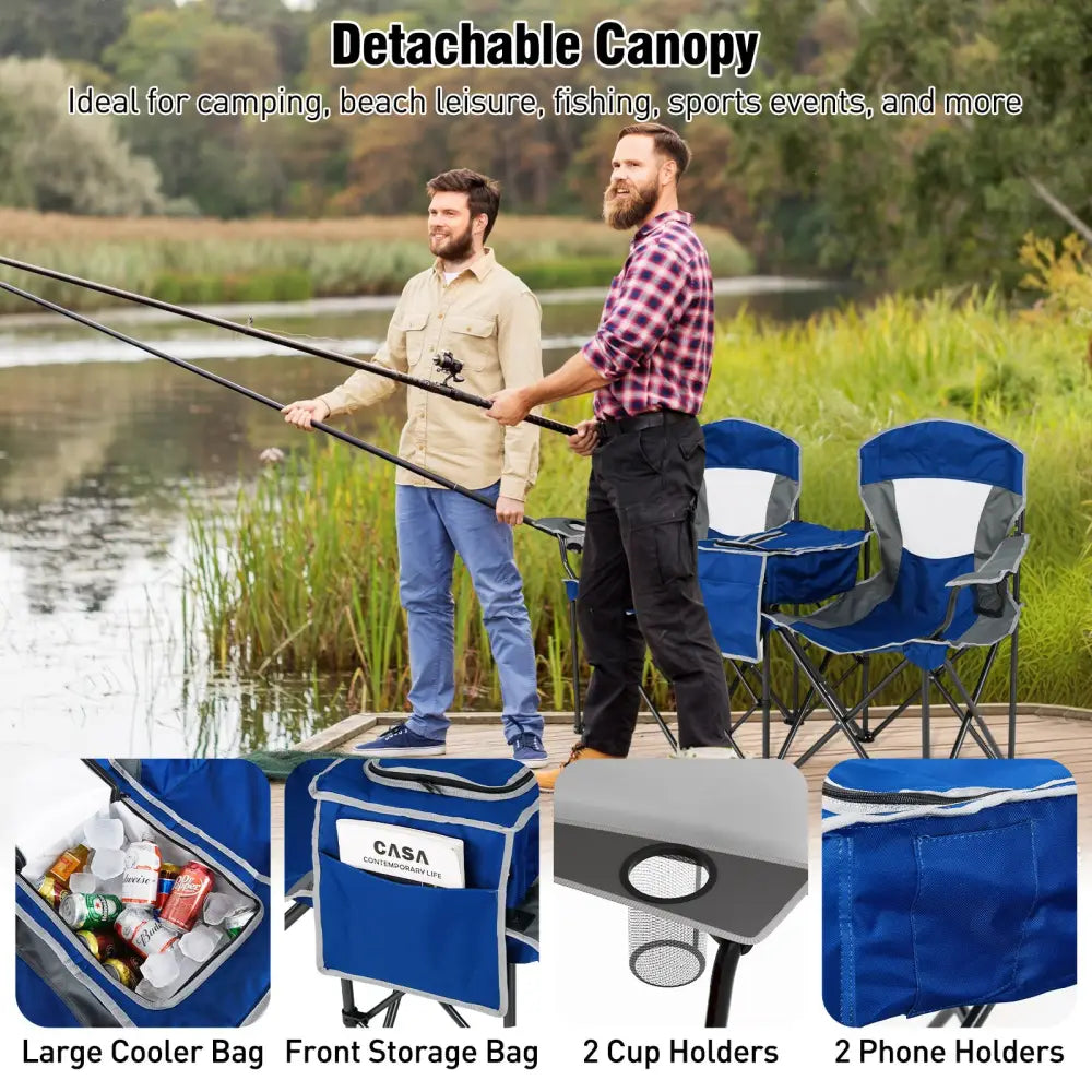 Double Beach Chair with Adjustable Canopy and 3 -Side Shading Curtains-Navy - Navy - Beach & Lawn Chairs