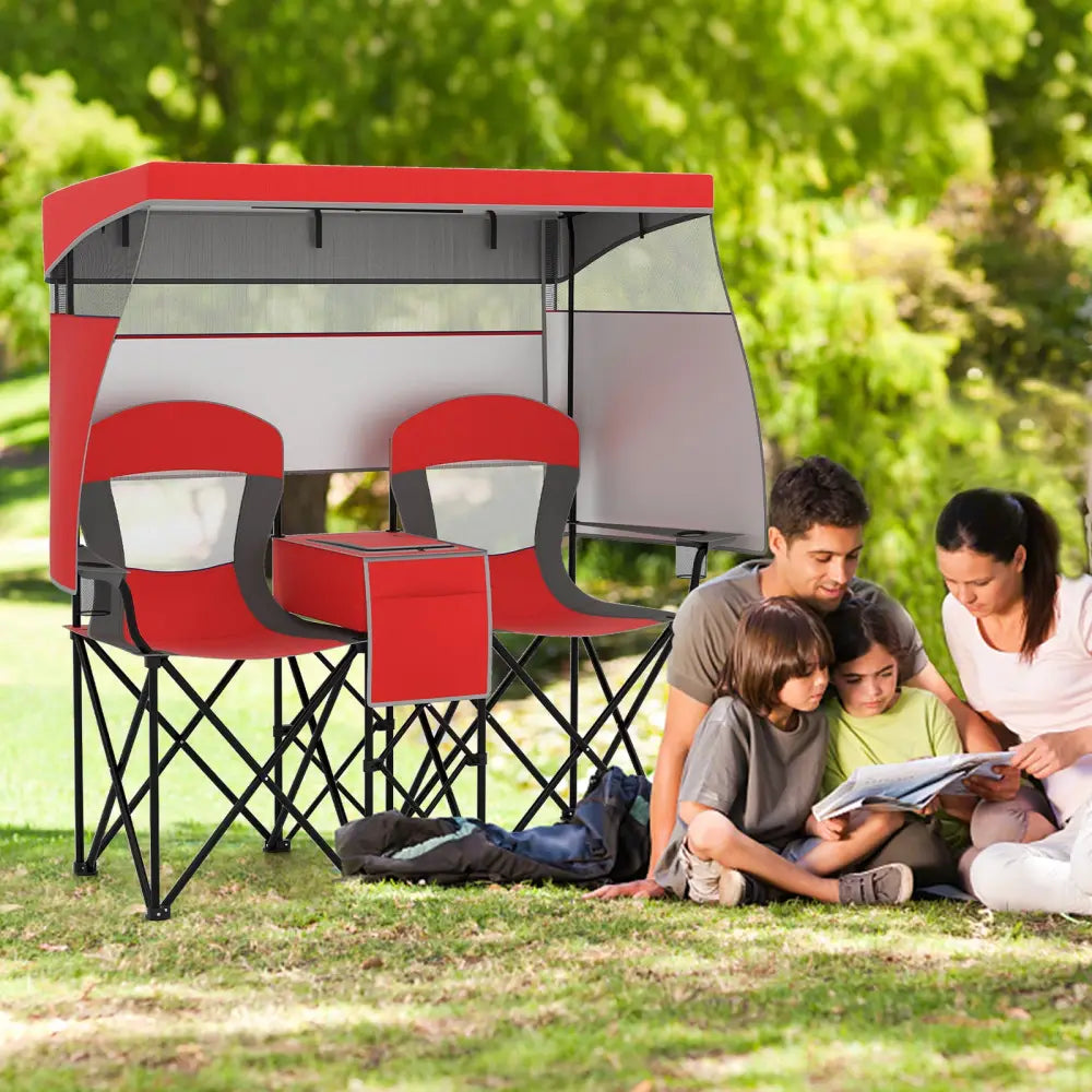 Double Beach Chair with Adjustable Canopy and 3 -Side Shading Curtains-Red - Red - Beach & Lawn Chairs
