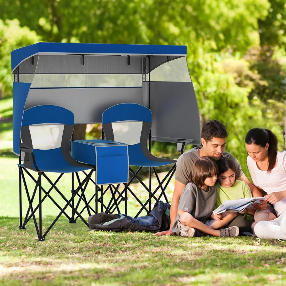 Double Beach Chair with Adjustable Canopy and 3 -Side Shading Curtains-Navy - Navy - Beach & Lawn Chairs