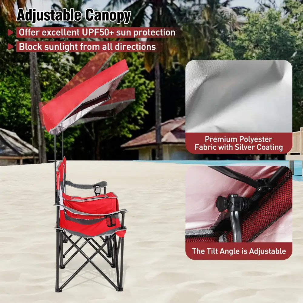 Double Beach Chair with Adjustable Canopy and 3 -Side Shading Curtains-Red - Red - Beach & Lawn Chairs