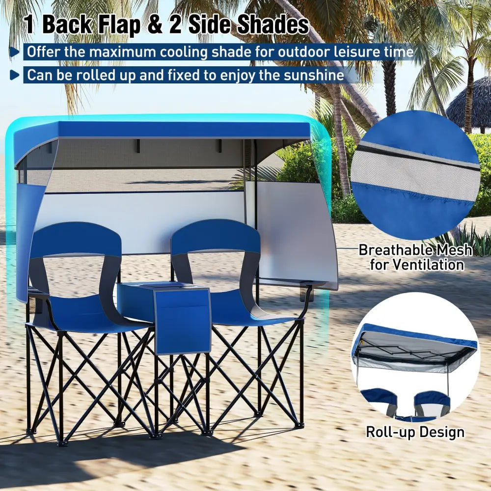 Double Beach Chair with Adjustable Canopy and 3 -Side Shading Curtains-Navy - Navy - Beach & Lawn Chairs