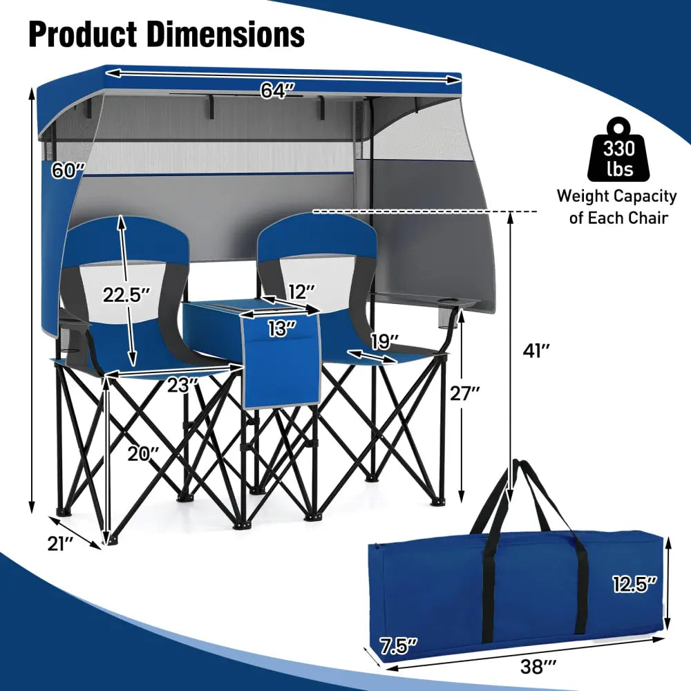 Double Beach Chair with Adjustable Canopy and 3 -Side Shading Curtains-Navy - Navy - Beach & Lawn Chairs