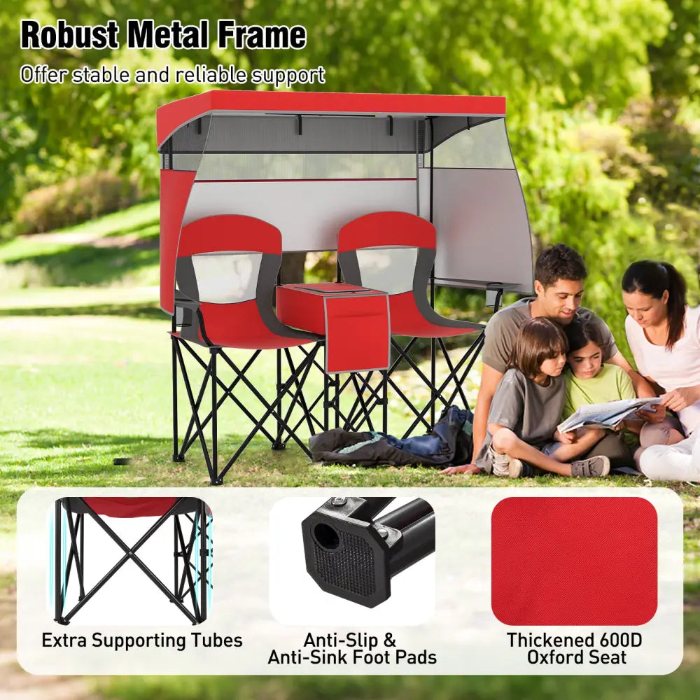Double Beach Chair with Adjustable Canopy and 3 -Side Shading Curtains-Red - Red - Beach & Lawn Chairs