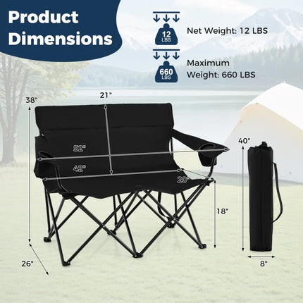 Double Camping Chair 2-Person Outdoor Folding Loveseat with Cup Holders-Black - Black - Camping Furniture