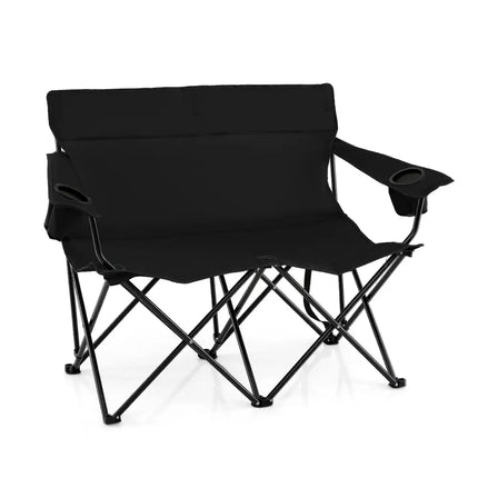 Double Camping Chair 2-Person Outdoor Folding Loveseat with Cup Holders-Black - Black - Camping Furniture