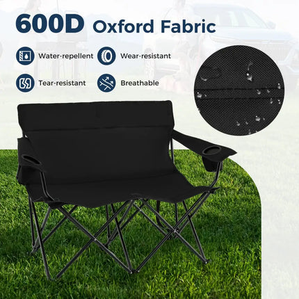 Double Camping Chair 2-Person Outdoor Folding Loveseat with Cup Holders-Black - Black - Camping Furniture