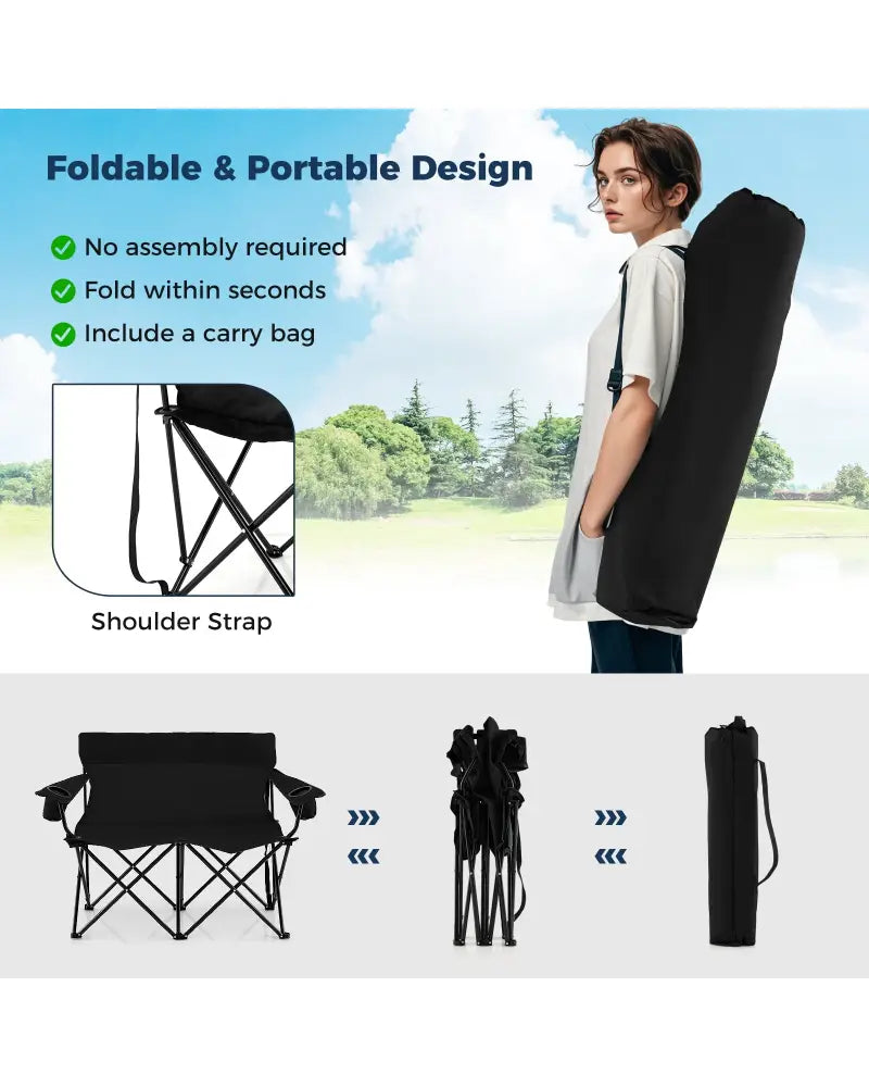 Double Camping Chair 2-Person Outdoor Folding Loveseat with Cup Holders-Black - Black - Camping Furniture
