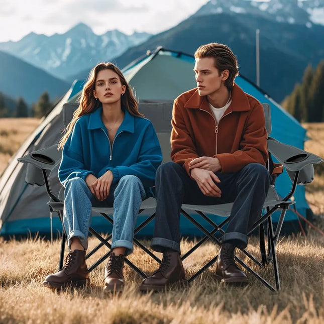 Double Camping Chair 2-Person Outdoor Folding Loveseat with Cup Holders-Gray - Gray - Camping Furniture
