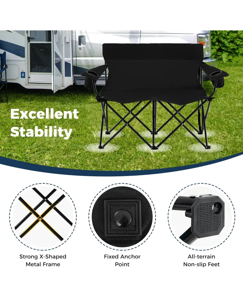 Double Camping Chair 2-Person Outdoor Folding Loveseat with Cup Holders-Black - Black - Camping Furniture