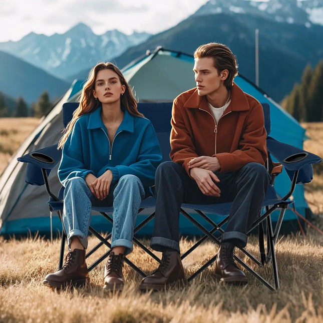 Double Camping Chair 2-Person Outdoor Folding Loveseat with Cup Holders-Blue - Blue - Camping Furniture