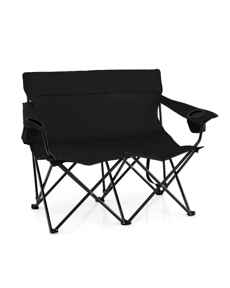 Double Camping Chair 2-Person Outdoor Folding Loveseat with Cup Holders-Black - Black - Camping Furniture