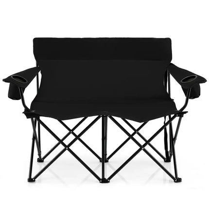 Double Camping Chair 2-Person Outdoor Folding Loveseat with Cup Holders-Black - Black - Camping Furniture
