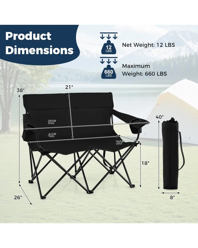 Double Camping Chair 2-Person Outdoor Folding Loveseat with Cup Holders-Black - Black - Camping Furniture