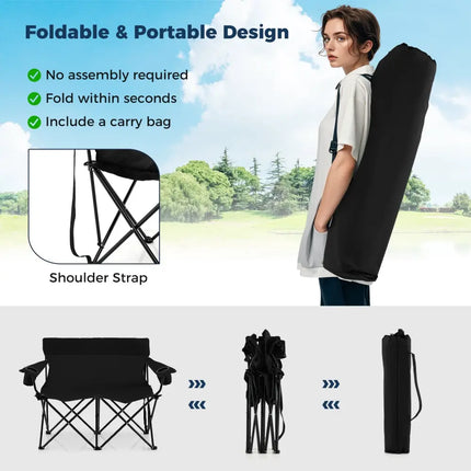 Double Camping Chair 2-Person Outdoor Folding Loveseat with Cup Holders-Black - Black - Camping Furniture