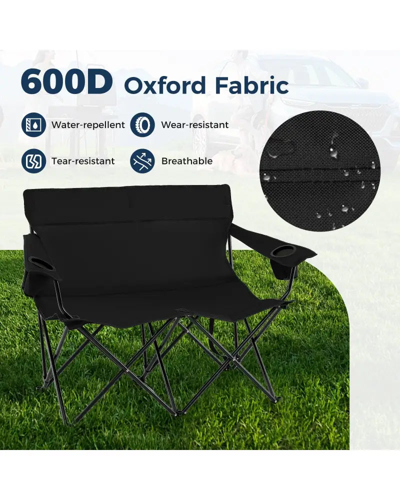 Double Camping Chair 2-Person Outdoor Folding Loveseat with Cup Holders-Black - Black - Camping Furniture