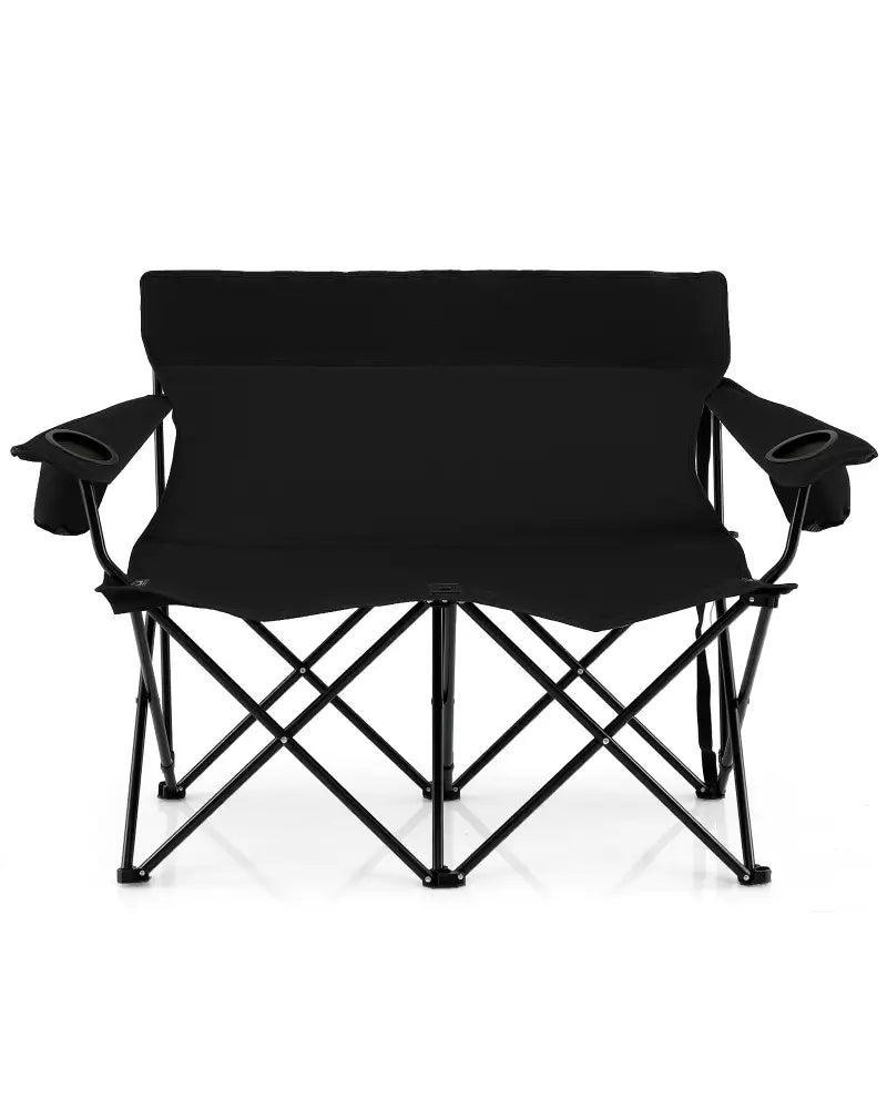 Double Camping Chair 2-Person Outdoor Folding Loveseat with Cup Holders-Black - Black - Camping Furniture