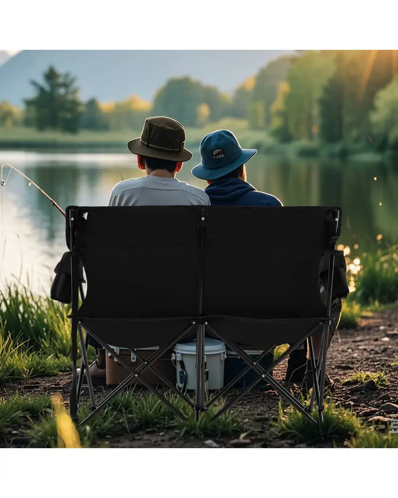 Double Camping Chair 2-Person Outdoor Folding Loveseat with Cup Holders-Black - Black - Camping Furniture