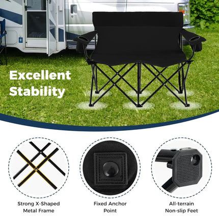Double Camping Chair 2-Person Outdoor Folding Loveseat with Cup Holders-Black - Black - Camping Furniture