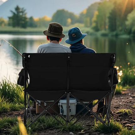 Double Camping Chair 2-Person Outdoor Folding Loveseat with Cup Holders-Black - Black - Camping Furniture