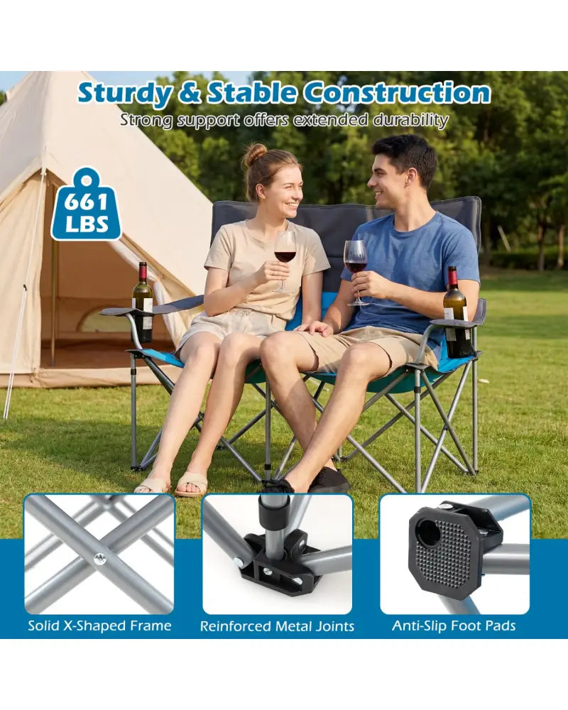 Double Camping Chair with Carry Bag Cup Holders-Blue - Blue - Camping Furniture
