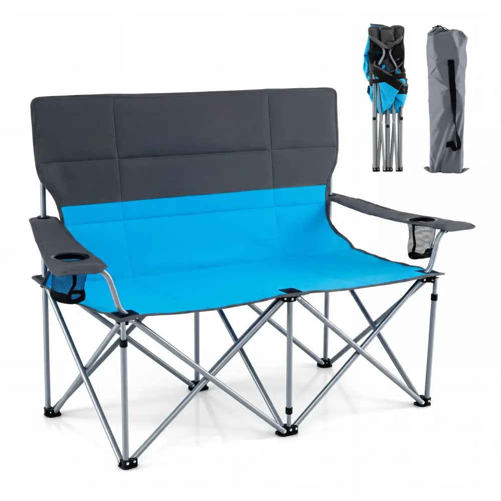 Double Camping Chair with Carry Bag Cup Holders-Blue - Blue - Camping Furniture